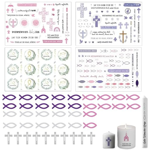 YDNURSCT Kerzen-Dekorationsset für Kommunion und Taufe – 4 Wassertransfer-Tattoos (14 x 19 cm), 30 Fische (4 cm), 10 Holzkreuze (5 cm), in Weiß, Rosa, Lila – Perfekt für festliche Anlässe