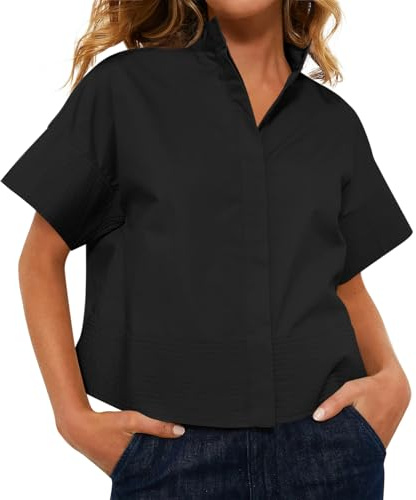 Cicy Bell Womens Cropped Short Sleeve Button Down Shirts Pleated Summer Dressy Casual Blouse Stand Collar Loose Fit Tops Black