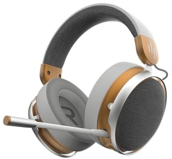 Dark Project ONE SONO Casque de jeu sans fil (blanc/doré) – Casque supra-auriculaire, 3,5 mm, batterie 25 heures, micro omnidirectionnel amovible, cadre en métal (compatible avec PC, PlayStation,