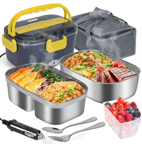 Gkstly Electric Lunch Box Portable Lunch Warmer 60W Heated Lunch Boxes for Adults, 2 x 1.5 L 304 SS Food Containers, 1 x Compartments, with Insulated Carry Bag, 12/24V/110-230V for Car Truck Office