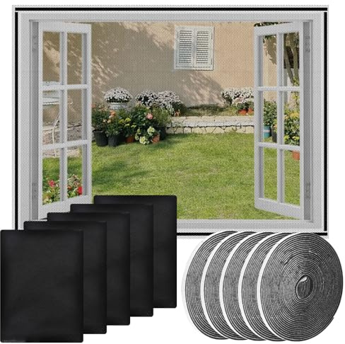 5 Pezzi Zanzariera per Finestra, 130 x 150 cm Zanzariera Finestra Adesiva 5 Rotoli di Nastri Autoadesivi, Zanzariere Regolabile fai da te per Finestre, per Finestre D'Ingresso, Finestre, Cortili