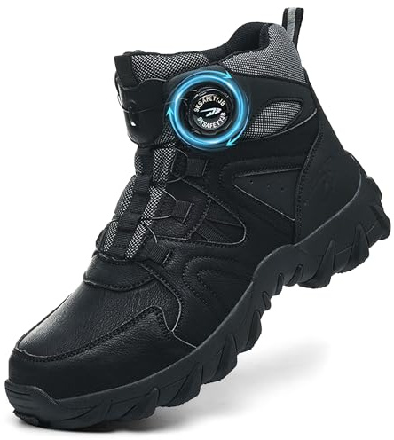 COOU Steel Toe Cap Boots Mens Womens Lightweight Work Boots Anti Slip Comfortable Safety Trainers with Swivel Buckle Shoelaces Black
