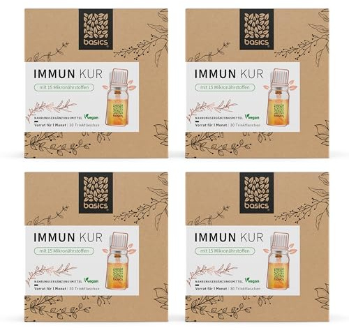 basics Immun Kur mit 15 Mikronährstoffen - Multivitamin Supplement mit Mineralstoffe - unterstützt Immunsystem und Energiestoffwechsel - 30 Trinkflaschen - 10ml pro Tagesdosis - Vegan - 4er Pack