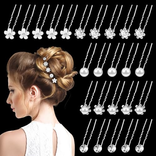 25 Pièces Set d'Épingles à Cheveux pour Mariage avec Strass, Pince Cheveux Élégante pour Chignon et Fleur, Accessoire Cheveux de Luxe pour Femmes et Filles