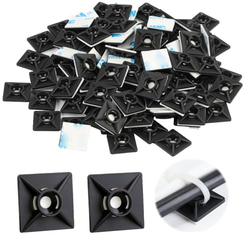Pack de 100 Soportes Adhesivos para Bridas de Cable, 19mm x 19mm, Negro - Clips de Montaje Autoadhesivos para Organización de Cables en Oficina y Hogar，Cables fijos fiables y duraderos