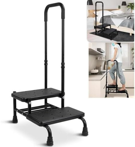 TUPOSTAR Tritthocker Mit Griff, Belastbar Bis 158 Kg, Hochleistungs-2-Stufen-Hocker FüR Senioren, FußHocker FüRs Bett, Geeignet FüR KüChe, Auto Und Badewanne,Schwarz