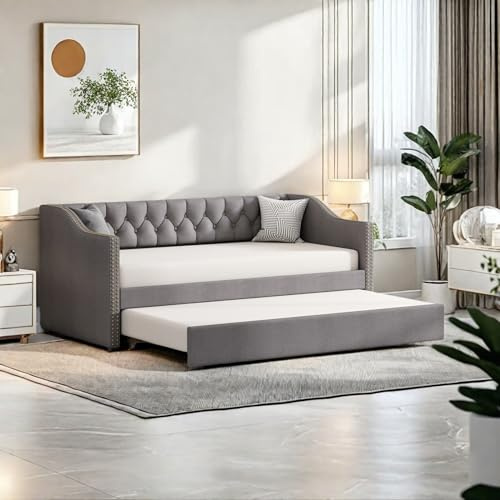 BRILVERDE Polsterbett 90x200 cmSchlafsofa, Schlafcouch Ausziehbar, Klappsofa mit Lattenrost, Couch Bett mit Schlaffunktion, Jugendbett, Gästebett, Leinen, Grau (Ohne Matratze)