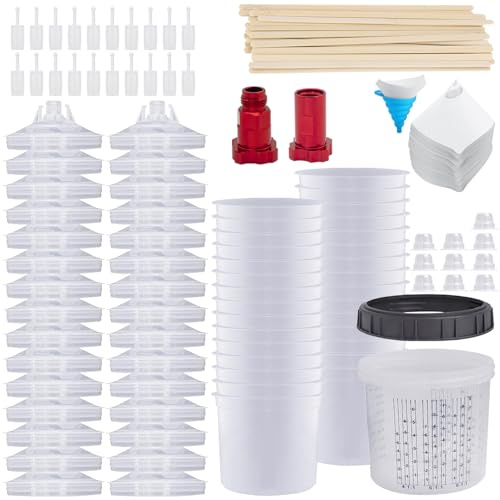 Einweg-Farbspritzpistolenbecher Set für HVLP- und LVLP-Lackierpistole, 600ML Lackmischbecher Kit mit 30 Bechern und Deckeln, 30 Filtern, 10 Stecker und 1 Hartbecher mit Haltering, 2 Cup Adapter