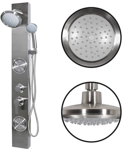 Dura Faucet (DF-SA914-SN) Premium RV Shower Panel Column – Satin Nickel, 4 Spray Options with Adjustable Body Sprayers, Overhead Shower & Handheld Wand – Water-Saving, Easy Install RV Shower System