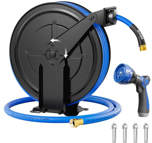 SPECILITE Avvolgitubo retrattile con tubo da giardino per acqua calda/fredda, 15,2 m, robusto avvolgitubo in metallo per montaggio a parete, blu