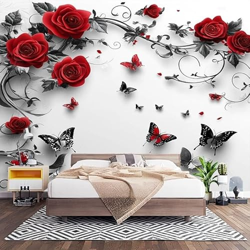 Wand Art Dekoration Fototapete Rote Romantische Rose Vlies Tapeten XXL Moderne Wandtapete für Wohnzimmer Schlafzimmer Schmetterling Vliestapete Wandtapete 3D Effekt Wandbilder 200x140 cm