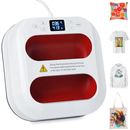 ISOISL Tragbare Transferpresse 22.5x22.5 cm Rot mit Timer | Kompakte Bügelpresse mit schneller Aufheizung und Temperaturregelung für DIY-Plotterfolien auf T-Shirts, Taschen und Kissen