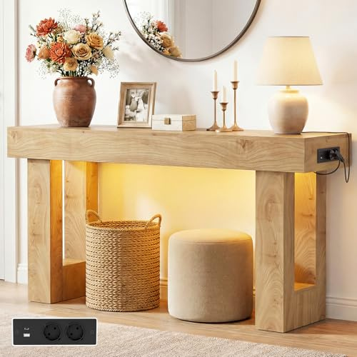 iSunirm Table console 120 cm avec prises et détecteur de mouvement, table d'appoint avec espace de rangement ouvert, style maison de campagne, pour entrée, couloir, salon