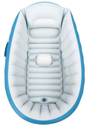 Faltbare aufblasbare Babywanne ergonomisches Bogendesign, rutschsichere Mittelsäule mit Seitentasche, Schnellablassventil, für Kleinkinder 0–3 Jahre, inkl. Luftpumpe und Reparaturset