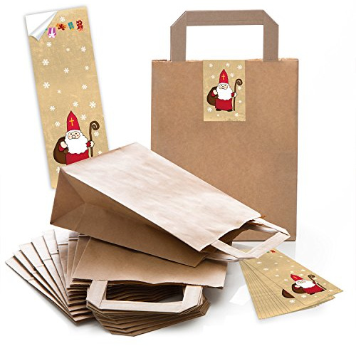 Logbuch-Verlag 10 Weihnachtstüten braun mit Aufkleber Heiliger Nikolaus rot gold - Geschenktüte Verpackung Weihnachten