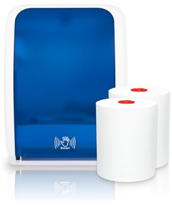 Blanc HYGIENIC Cosmos Sensor-Handtuchspender Blau-Weiß + 2 TAD-Rollen | Berührungslose Einzelblattausgabe, 3 Blattlängen, Sensor-/Auto-Feed-Modus und 2 Premium-TAD-Rollen à 100 m, insgesamt 200 m