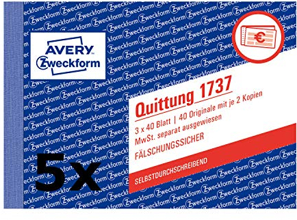 AVERY Zweckform 1737 Quittung MwSt. separat ausgewiesen (A6 quer, selbstdurchschreibend, 3x40 Blatt) weiß/gelb/rosa (5 Stück/selbstdurchschreibend, 3 x 40 Blatt)