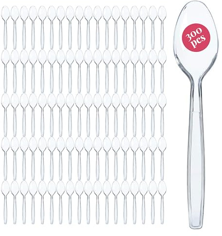 Prestee 300 Plastic Spoons Bulk - 6-Inch Heavy Duty Disposable Silverware and Plastic Utensils Set - Durable Clear Cutlery for Hot and Cold Food - Strong Spoon Flatware for Parties and Events