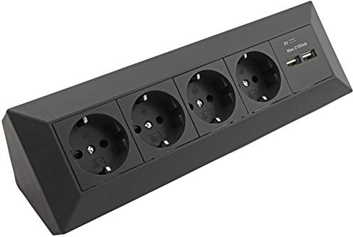 ChiliTec Ecksteckdose 4-Fach mit USB, Schwarz | Küchensteckdose 2x USB-A 3,1A, 90° Winkel, 230V Aufbau & Eck-Montage, Für Arbeitsplatte Küche