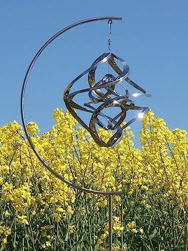 POMMERNTRAUM ® | Edelstahlwindspiel mit Edelstahlständer + Kristall - ROSTFREI Windspiel Edelstahl Winddancer Double-Twister Twister Gartendeko Garten Kunst (30 cm)