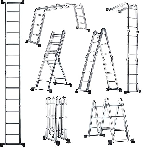 COSTWAY 7-in-1 Mehrzweckleiter Aluminium, Klappleiter Länge bis 370,5cm verstellbar, Klappbarer Aluminiumleiter, Multifunktionsleiter Anlegeleiter, Gerüstleiter bis 150 kg belastbar, Silber