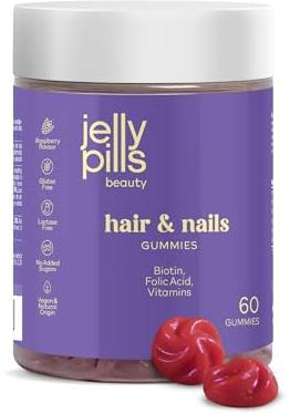 Jelly Pills® Biotina Gummies con Acido Folico e 7 Vitamine - senza zuccheri aggiunti - 60 Vegane Gummies al gusto di lampone per Riducono la caduta dei capelli - complesso pelle-capelli-unghie