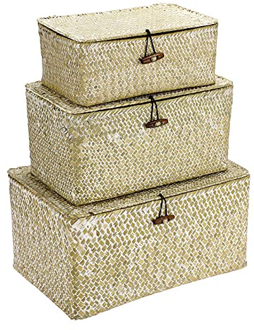 IGNPION Juego de 3 contenedores de almacenamiento de mimbre tejidos con tapa – Cajas extra grandes naturales de hierba marina color blanco