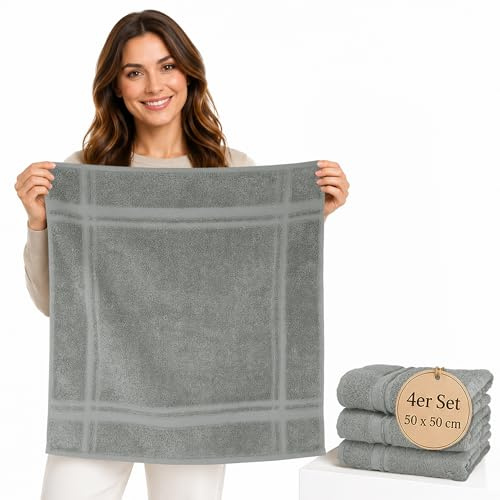 Lashuma Küchenhandtücher Frottee 50 x 50 cm, 4er Set, 100% Baumwolle, 450 g/m², Stein Grau