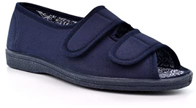 Womens Wide Fit Slippers Ladies Peep Toe Shoes Ladies Wide Fit Shoes Womens Open Toe Slippers Ladies Touch Fasten Shoes Womens Touch Fastening Slippers Navy