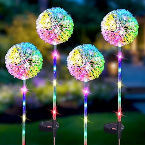CUQOO Solar Garden Lights – 4 Pack Colour-Changing Dandelion LED Stake Lights with 2 Modes, Waterproof Outdoor Decoration for Pathways, Patios, Christmas & Festivals