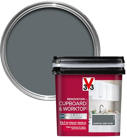 V33 Renovation Cupboard & Worktop Paint - No Undercoat Needed - High Resistance To Water Stains & Scratches - Ultra Washable - Charcoal Grey Satin 750ml