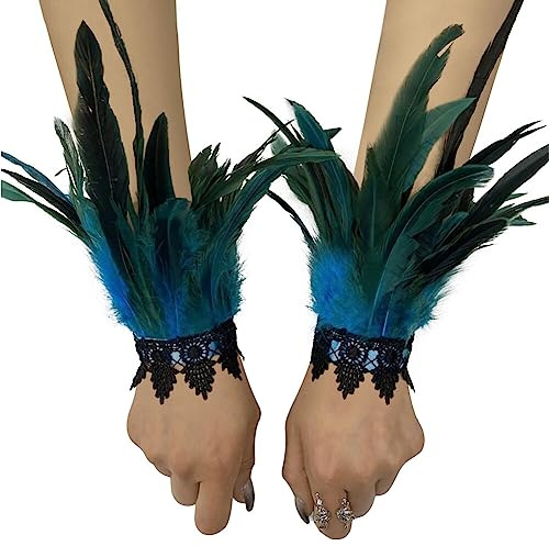 Asudaro Damen Kostüme Manschetten, Frauen Feder Handgelenk Manschetten Gothic Feder Manschette Spitze Fingerlose Vintage Feder Lange Handschuhe Armbänder Karneval Kostüm Accessoire Typ 02