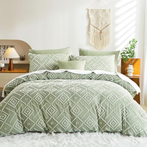 Lanqinglv Getuftet Bettwäsche 155x220cm Grün Boho Geometrische Vintage Wendebettwäsche Set aus Microfaser Shabby Chic Bohemian Bettbezug mit Reißverschluss und 1 Kissenbezug 80x80cm