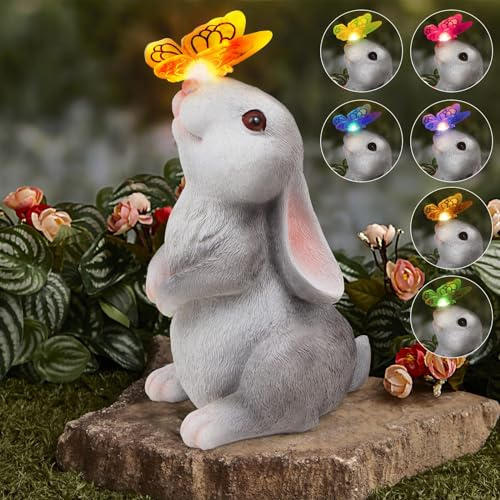DKIIL NOIYB Oster Hase Solar Lampen, Kaninchen Deko Gartenfigur Skulptur, Wasserfeste Solar Gartenleuchte, Schmetterlinge Gartendeko für Draußen Rasen Terrassen (A3 Kaninchen mit bunten Lichtern)
