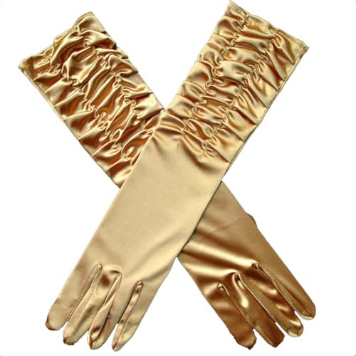 iSpchen Satin Handschuhe Lange gerüschte Satin-Handschuhe Damen Abendhandschuhe Bankett Kleid Handschuhe Plissee-Handschuhe für Braut, Partys, Bälle und Bankette, Handdekoration,Gold