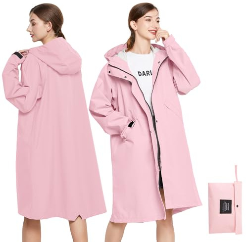 LAMA Chubasquero largo para mujer, impermeable, reutilizable, con capucha, con bolsa de transporte, impermeable ligero para mujer, cortavientos, abrigos para exteriores, rosa, S-M