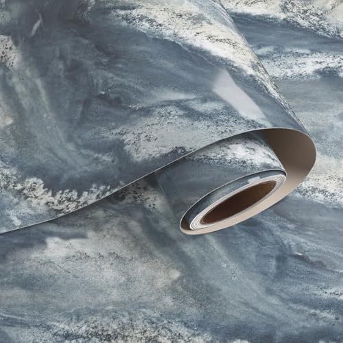 VaryPaper Papier Peint Marbre Bleu Gris Brillante 40cmx200cm Film Adhesif pour Meuble Adhesif Plan de Travail Papier Peint Cuisine Lavable Salle de Bain Papier Vinyle Autocollant Armoire Table