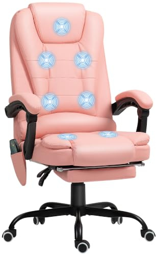 Vinsetto Bürostuhl mit Massagefunktion Ergonomischer Chefsessel, Rosa | Mit Liegefunktion, Höhenverstellbar Drehbar, Mit Fernbedienung, Seitentasche, Kunstleder