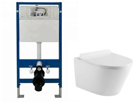 Wall Hung Toilet Rimless Pan 1.12m Concealed Cistern Frame WC Plate Soft Close Seat Options (Round Pan and Frame Cistern)