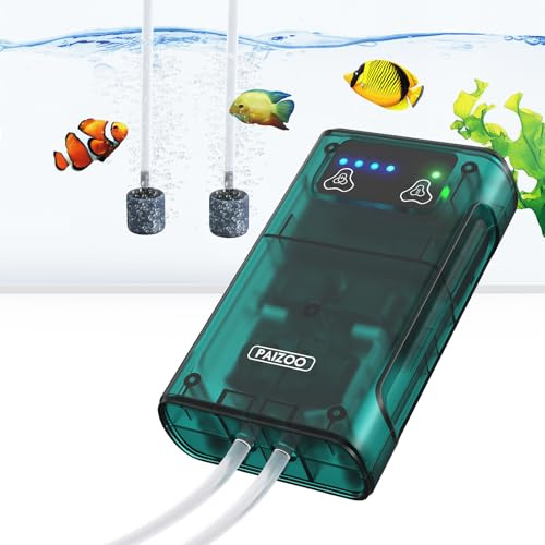 PAIZOO Aquarium Air Pump, Fish Tank Aerator Dual Outlets Battery Powered, Quiet Rechargeable Oxygen Pump with Accessories for 5-120 Gall Tank, 3W
