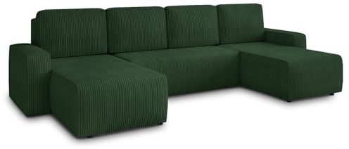 Sofnet Wohnlandschaft mit Schlaffunktion Roma - U-Form Couch, Schlafsofa mit Bettkasten, Couchgranitur mit Bettfunktion, Big Sofa, Cord Stoff (Grün (Poso 014))