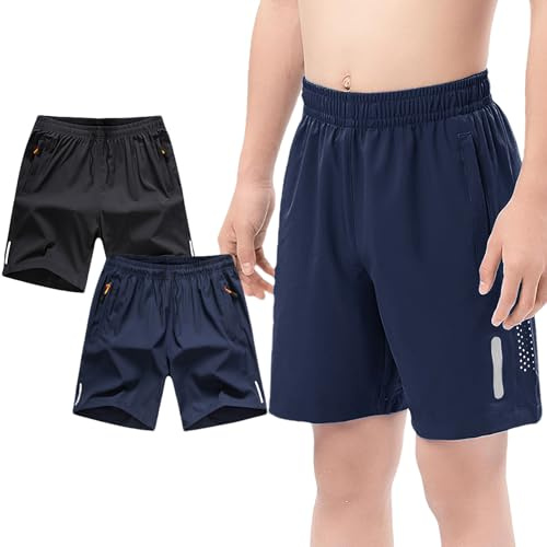 Jamron Pojkar set med 2 snabbtorkande sportshorts löparshorts med fickor och reflekterande band för 4–13 år, Svart + marinblå, 9-10 ans