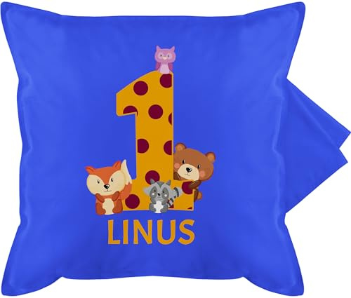 Kissenbezug - Kissen - Waldtiere 1 Jahr I 1. Geburtstag - 50 x 50 cm - Blau - birthday gift for a year old baby geschenke für mädchen one bear pillow kinderkissen ab ein 1-jähriges