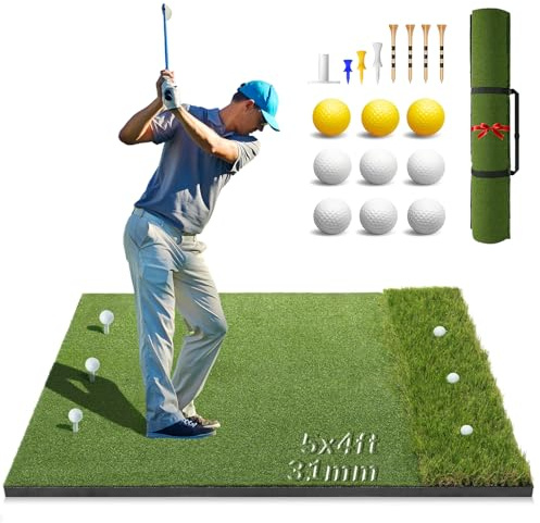 Newmkr 5x4ft Golf Hitting Mat with Ball Tray,Golf Mat 31mm,Thickened High-Elasticity Dual-Turf Golf Indoor &Outdoor Practice Mat with 8 Tees,Golf Turf Mat for Backyard/Driving Range Swing and Chipping