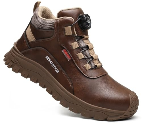 COOU Steel Toe Cap Boots Mens Non Slip Safety Shoes Women Lightweight Comfortable Work Boots with Swivel Buckle Shoelaces Brown