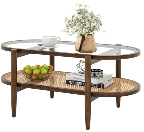 FANTASK Wohnzimmertisch mit Glas Tischplatte & Rattan Ablage, Kaffeetisch Couchtisch Beistelltisch mit Holzbeinen für Wohnzimmer 102 x 56 47 cm, Braun