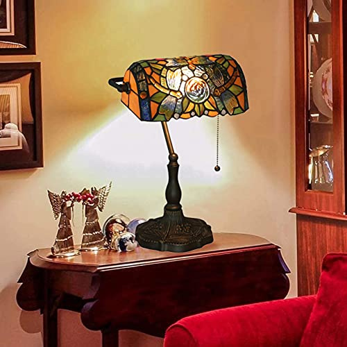 Lampada da banchiere, Lampada a forma di libellula, Lampada da comodino in vetro colorato, Lampada da scrivania per pianoforte da lettura per ufficio antico per soggiorno camera da letto, Interruttore