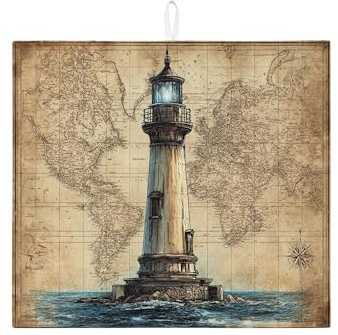 Nautical Lighthouse Dish Drying Mats For Kitchen Counter, Vintage Map Absorbent Dish Drainer Rack Mat, Coastal Microfiber Drying Pad For Coffee Bar 16x18 Inch