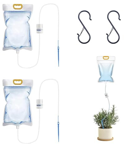 Plant Drip Irrigation Kit, 2Pcs 3.5L Drip Irrigation Bags with Adjustable Control Valve Switch,Plant Irrigation System Home Sprinkler Device and S Shape Hook for Indoor and Outdoor