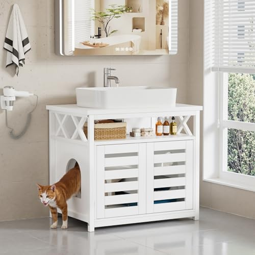 MSFE 2-in-1 Katzenschrank für Katzenklo & Waschbeckenunterschrank, Katzenmöbel, Katzenschrank für Katzentoilette mit 2 Katzentüren,Katzenklo,65x45x60cm,Keramikspüle Nicht im Lieferumfang enthalten